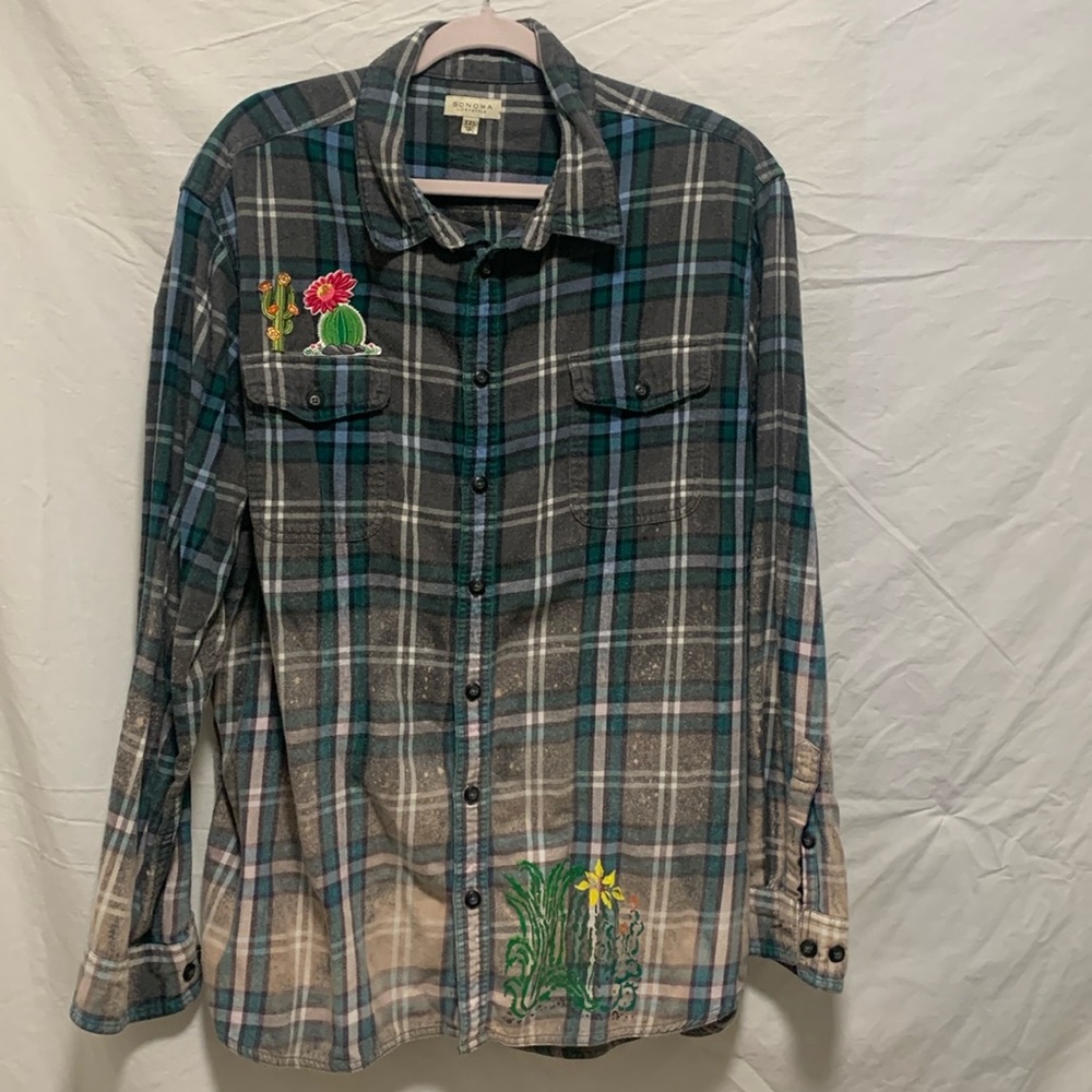 Women’s Sonoma XXL Teal & Gray LS Custom decorated cactus flannel shirt EUC